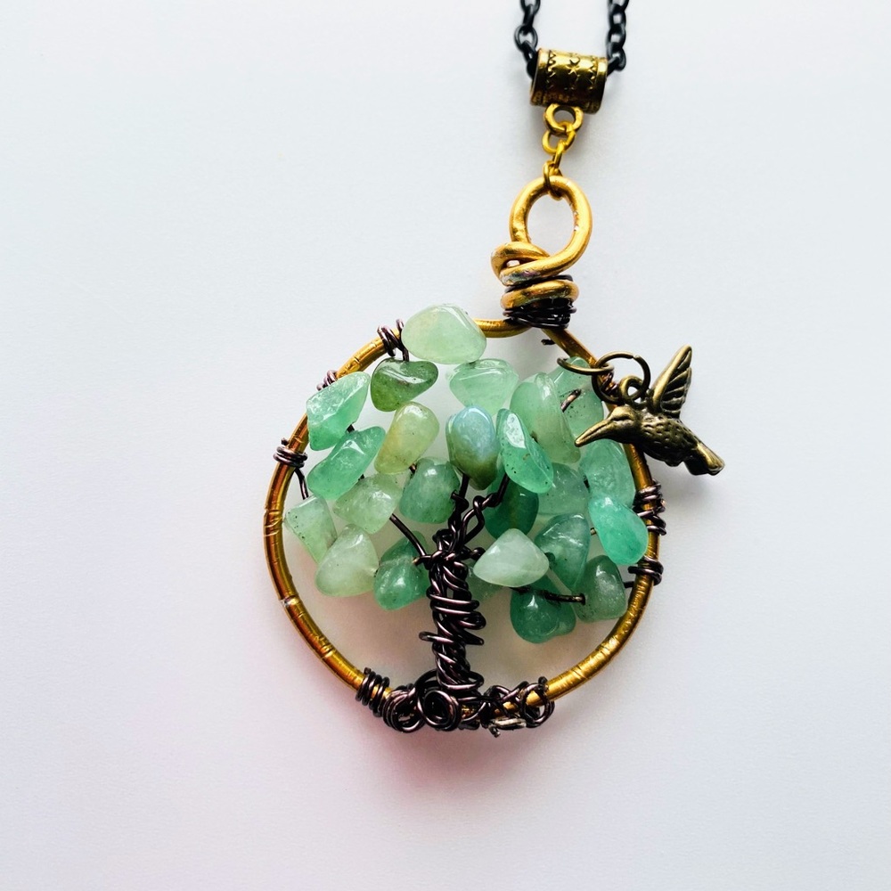 Jade chip beaded wirewrapped tree necklace